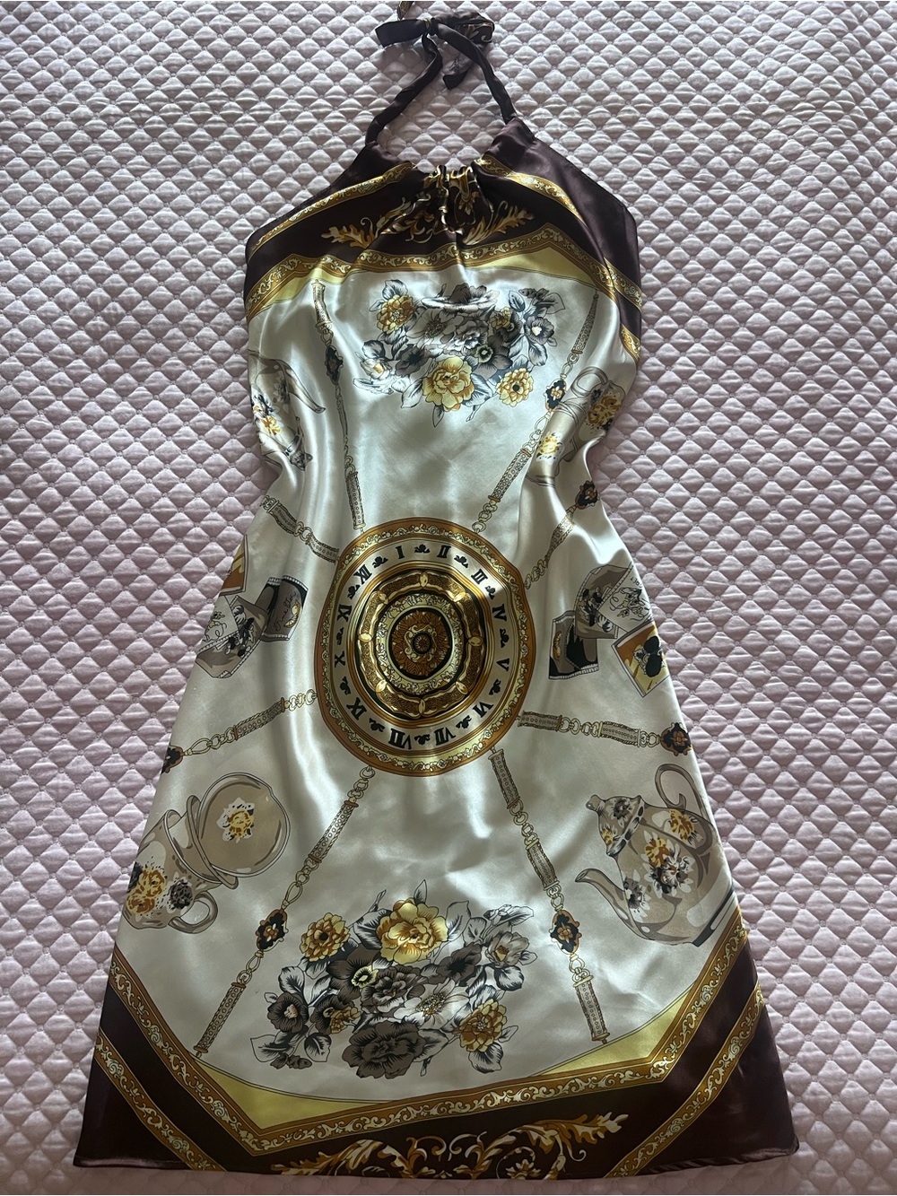 Vintage Strapless Silk-Feel Dress in Ivory and Gold with Brown Accents